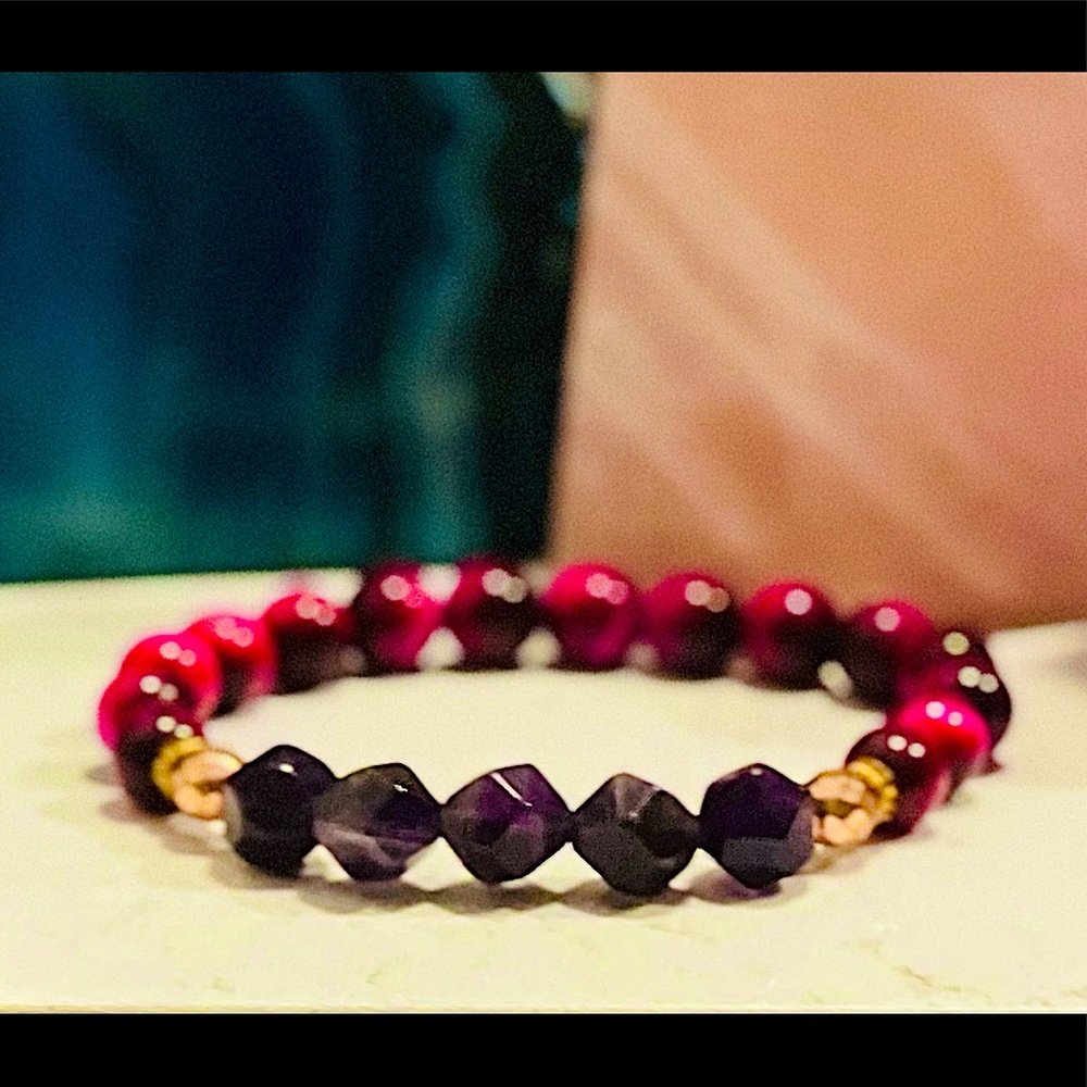Amethyst and Pink Tigers Eye Gemstone Bracelet